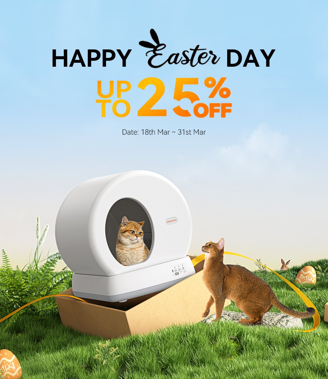 Easter promotion showing automatic litter box in a grassy festive outdoor visual.